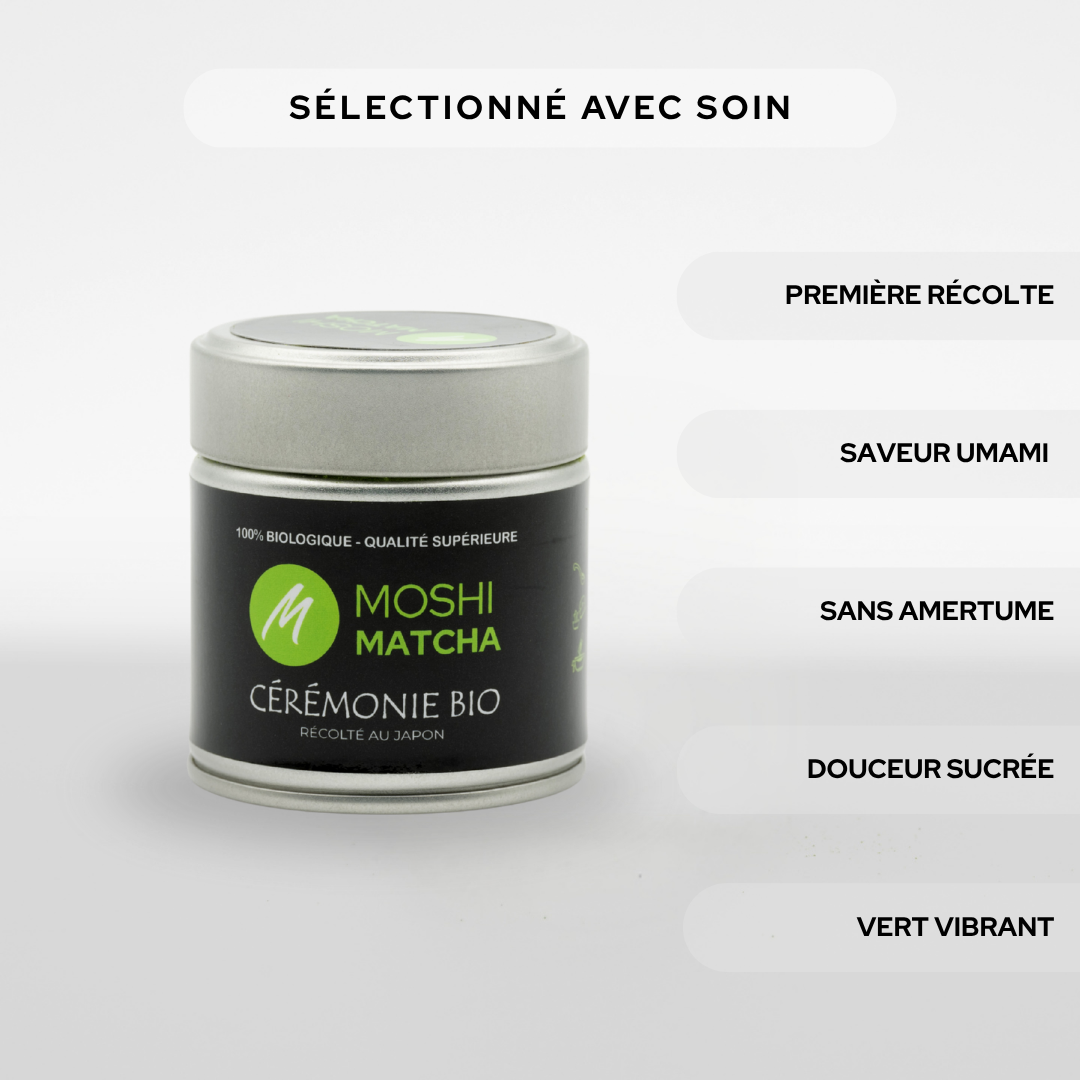 Matcha Ceremonie Bio meilleur matcha sans amertume premiere recolte à la main cultive au Japon Uji Moshi Days meilleures offres matcha bio anniversaire Moshi Matcha Black Friday