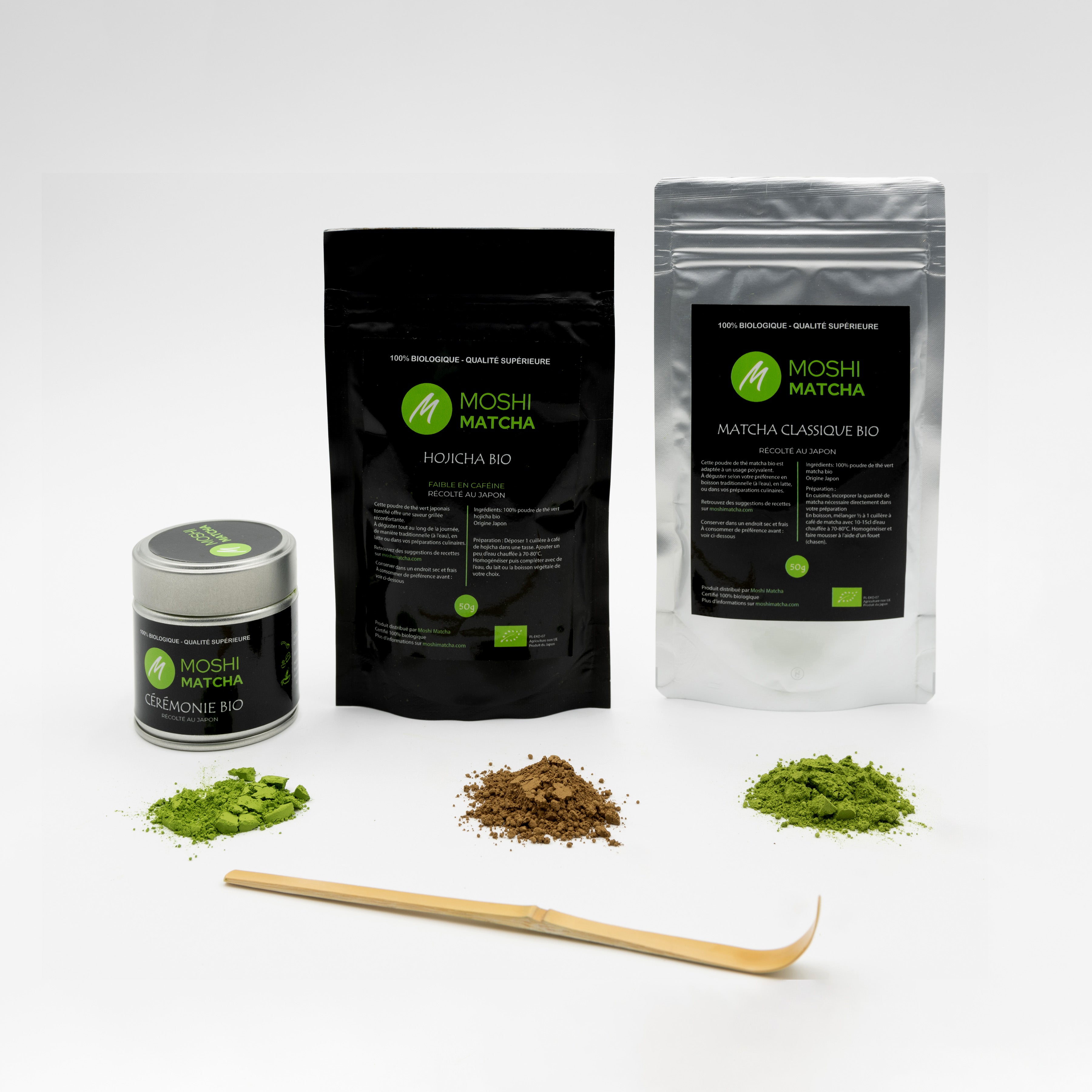 Trio Découverte Matcha & Hojicha Bio : le matcha idéal pour chaque moment de la journée Moshi Matcha