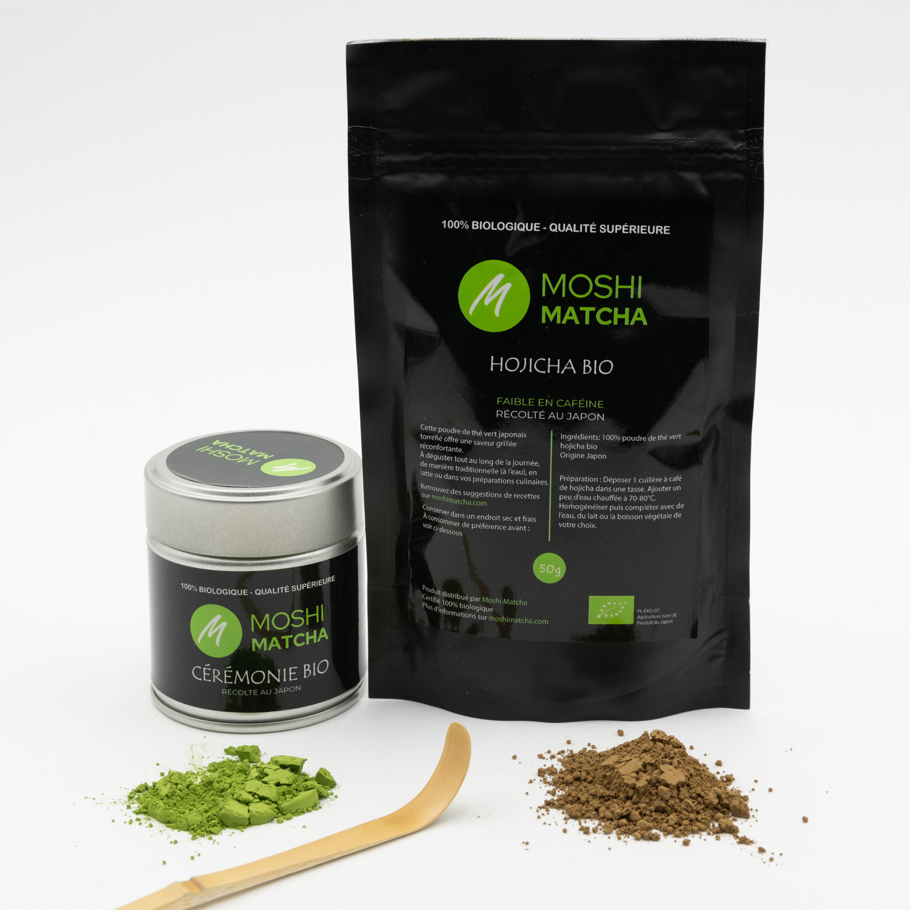 Duo Incontournable Cérémonie & Hojicha Bio : les bienfaits du matcha tout le long de la journée Moshi Matcha