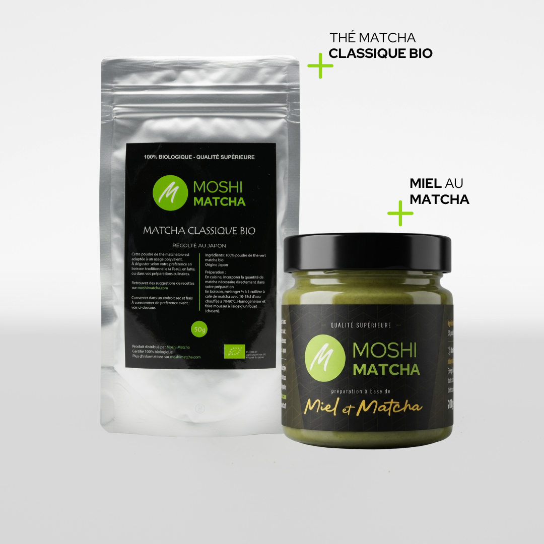Préparation d'un matcha latte au miel avec le bundle La Recharge