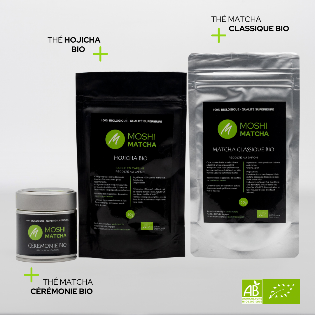 Comparaison des poudres de matcha cérémonie, matcha classique et hojicha bio