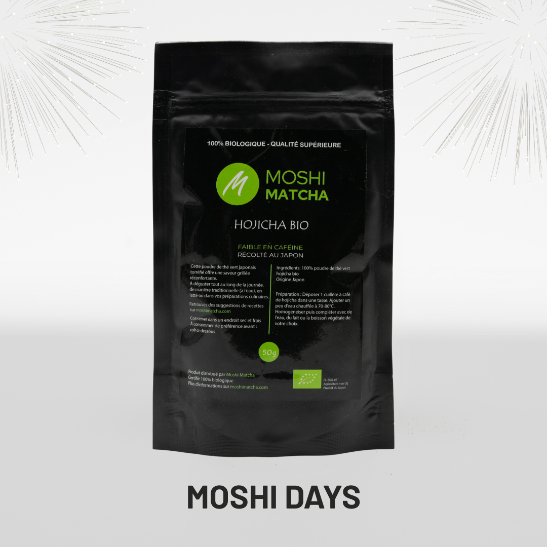 hojicha alternative au café faible en caféine Moshi Days meilleures offres matcha bio anniversaire moshi matcha black friday