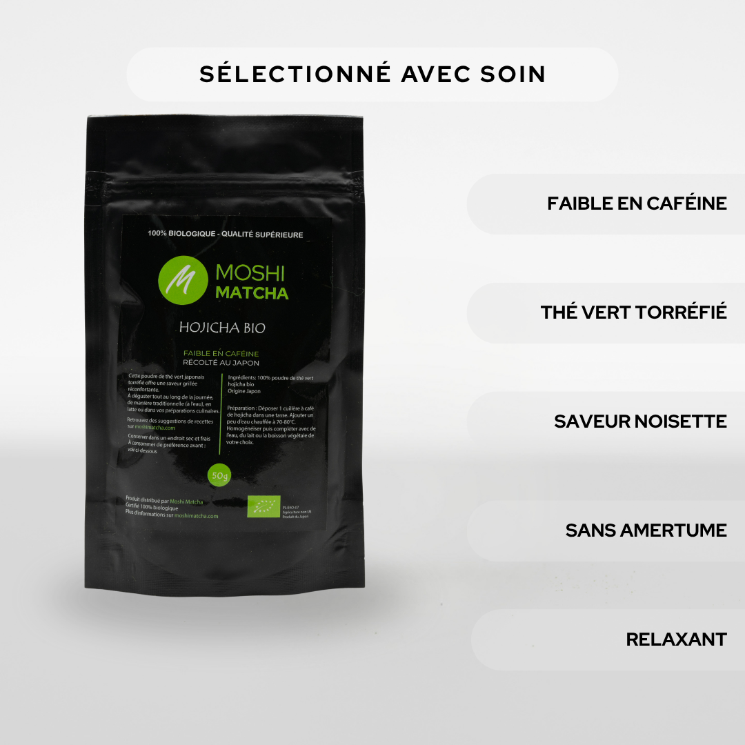 hojicha alternative au café faible en caféine Moshi Days meilleures offres matcha bio anniversaire moshi matcha black friday 