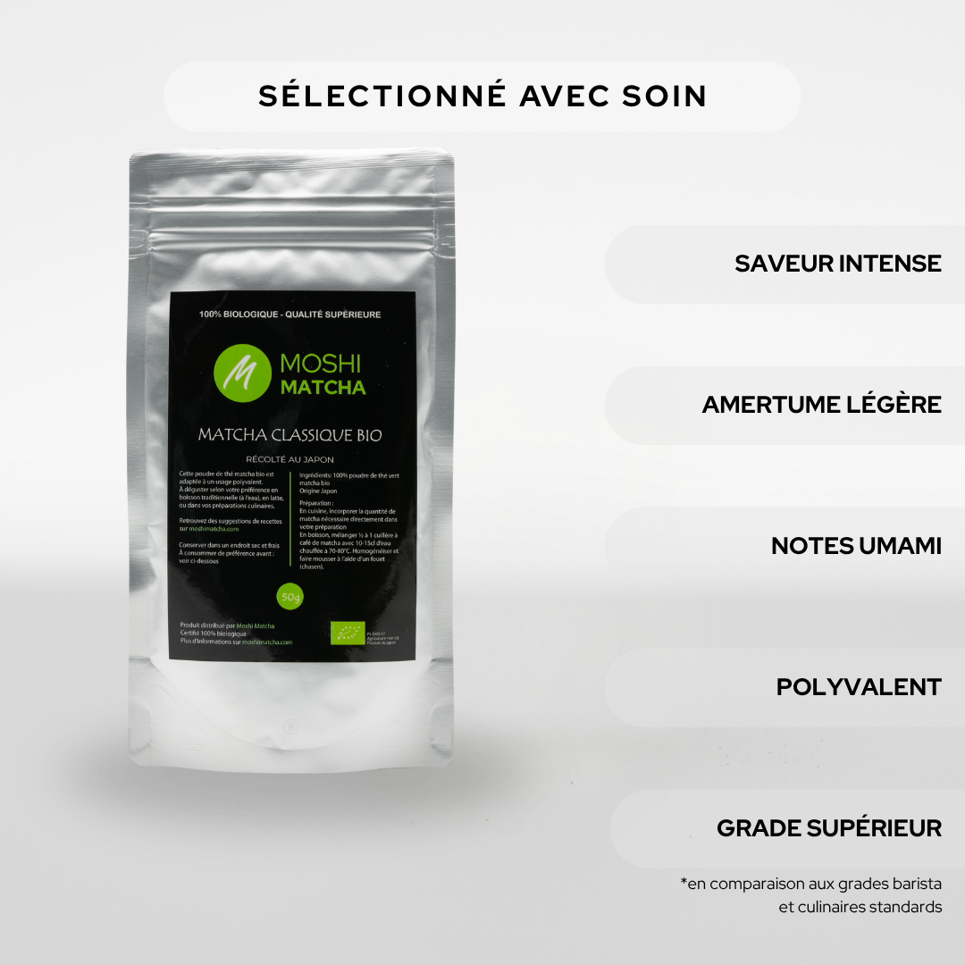 Thé Matcha Classique Bio : le meilleur matcha en latte et en préparations culinaires  Moshi Matcha
