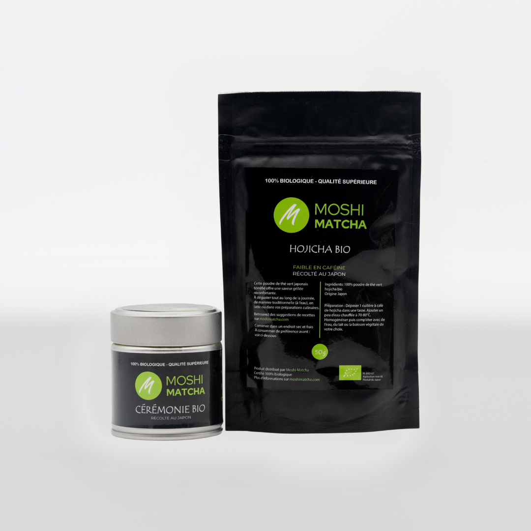 Duo Incontournable Cérémonie & Hojicha Bio : les bienfaits du matcha tout le long de la journée  Moshi Matcha