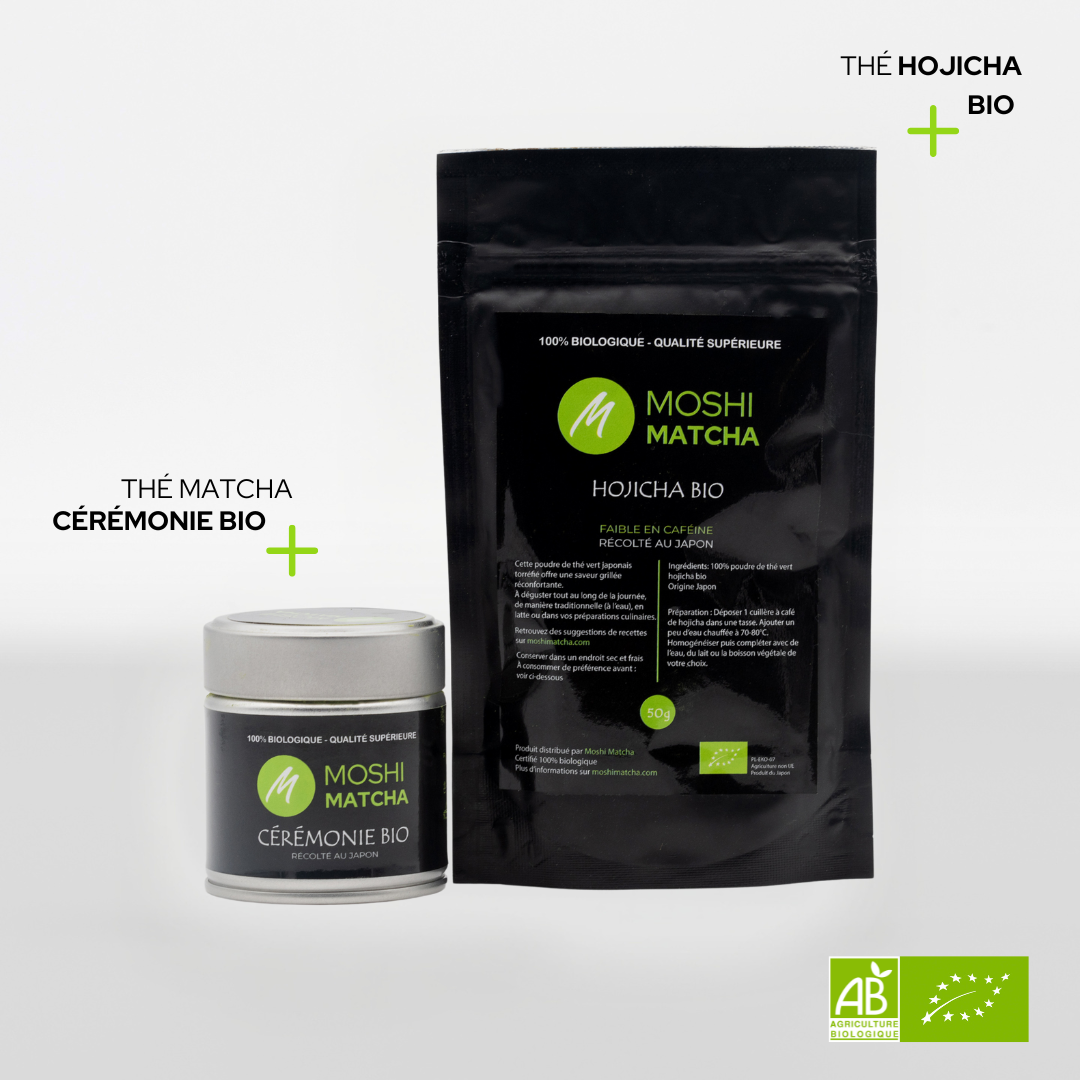 Duo Incontournable Cérémonie & Hojicha Bio : les bienfaits du matcha tout le long de la journée  Moshi Matcha