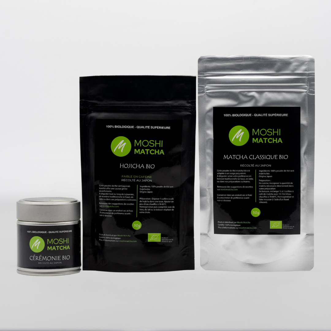 Trio Découverte Matcha & Hojicha Bio : le matcha idéal pour chaque moment de la journée  Moshi Matcha